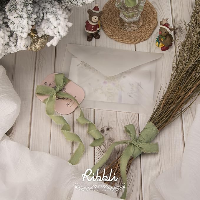 Ribbli 3 Rolls Sage Green Ribbon 5/8 Inch x 18Yards Handmade Cotton Frayed Fringe Ribbons for Gift Wrapping Wedding Invites Bridal Bouquets Baby Shower DIY Crafts Home Decor