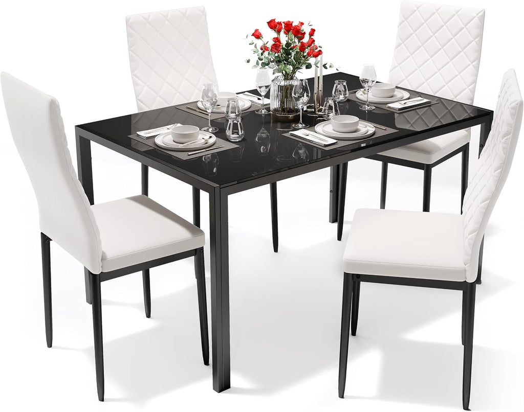 Dining Table Set for 4, Kitchen Table and Chairs Set of 4, 5 Piece Modern Dining Room Table Set with Tempered Glass Top and PU Leather Chairs for Small Space, Apartment, Poker