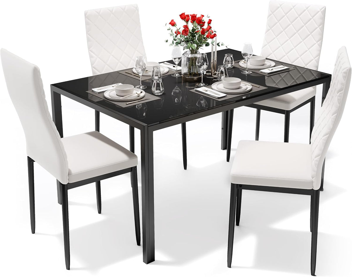Dining Table Set for 4, Kitchen Table and Chairs Set of 4, 5 Piece Modern Dining Room Table Set with Tempered Glass Top and PU Leather Chairs for Small Space, Apartment, Poker