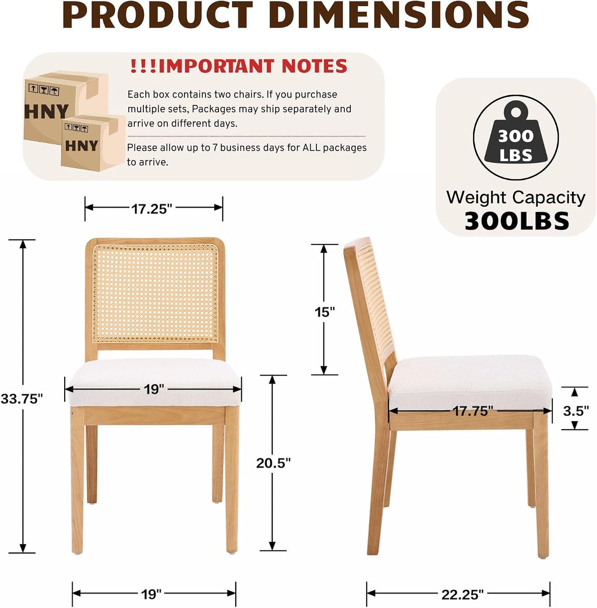 HNY Modern Farmhouse Rattan Dining Chairs Set of 4 Beige Chenille Upholstered Dining Room Chair with Cane Back Mid Century Natural Wood Kitchen Chairs, Boho Accent Wicker Woven Chairs for Living Room
