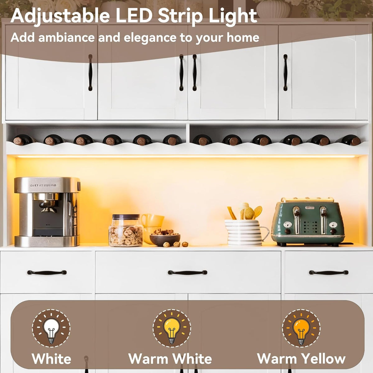 White 72" Tall Kitchen Pantry Cabinet with Charging Station 55" Wide Kitchen Hutch Cabinet with LED Light and Countertop Large Kitchen Cabinet with Adjustable Shelves and Wine Rack