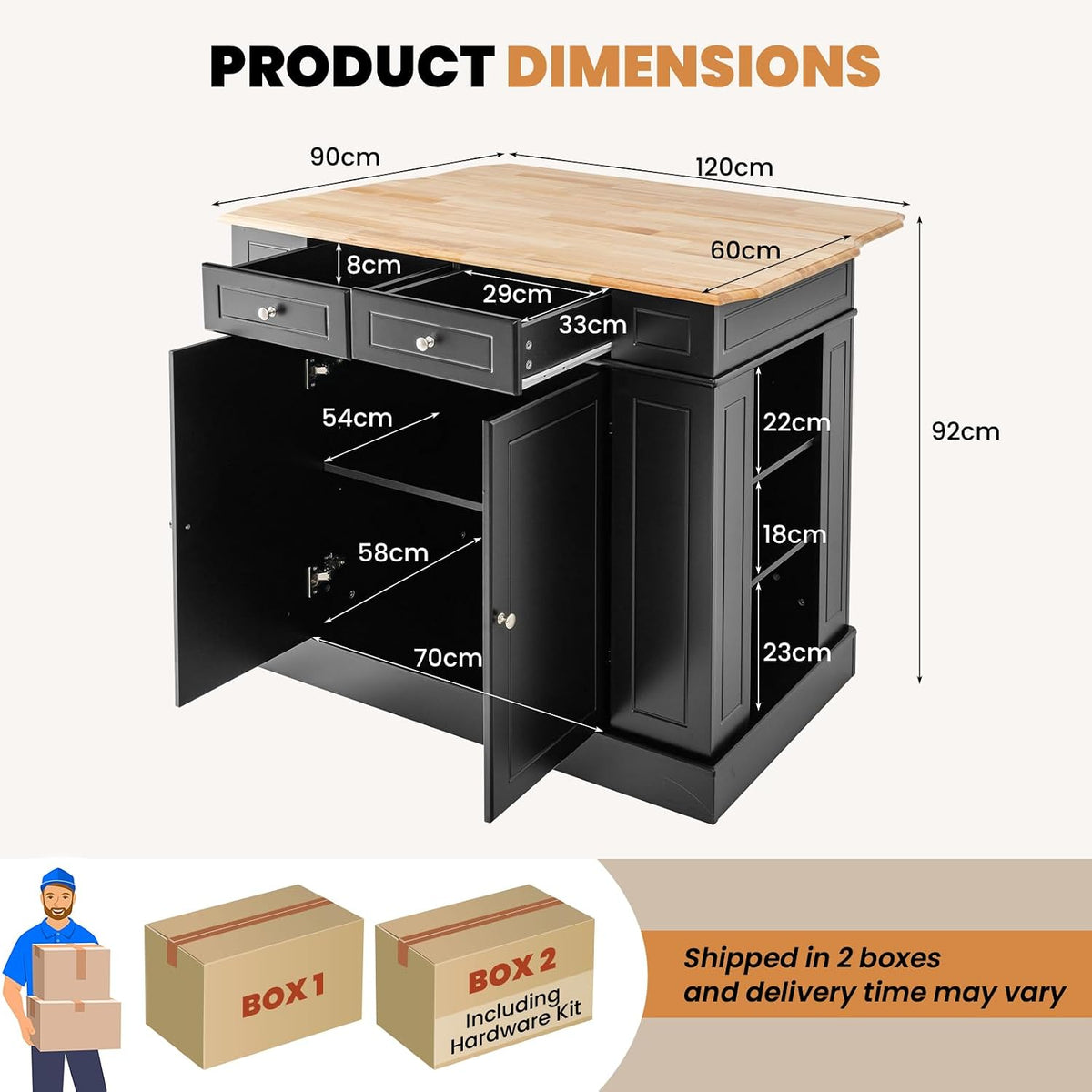 TANGZON Large Kitchen Island, Kitchen Sideboard with Extendable Rubber Wood Worktop, Drawers, Adjustable Shelves & Side Racks, Living Dining Room Cabinet Cupboard (Black Body)