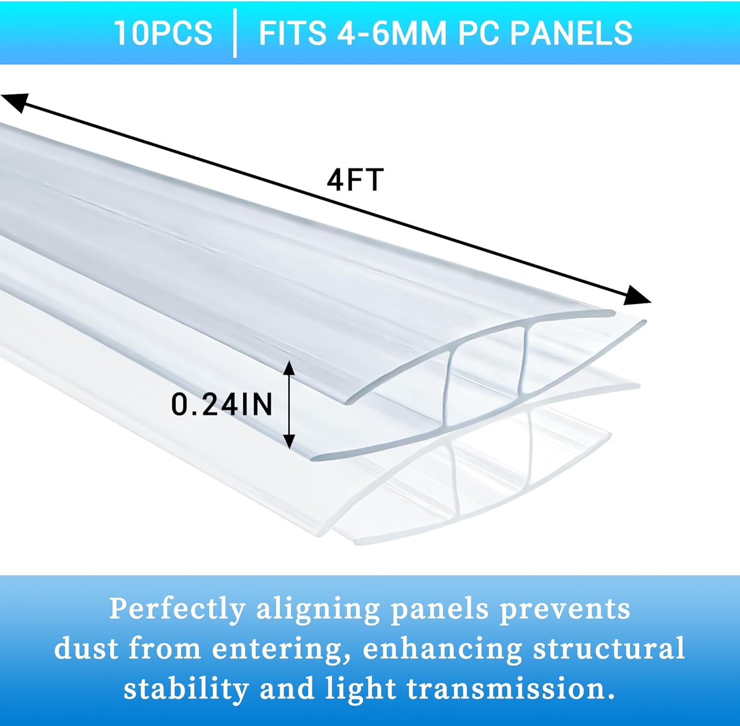 10 PCS Polycarbonate Greenhouse H-Clip Connectors 4ft Length, Fits 0.16’’ & 0.24’’ Twin-Wall Polycarbonate Panels Duty Dust, Rain & Moisture Protection Durable (H-Clip 4' × 1.57’’ × 0.24’’)
