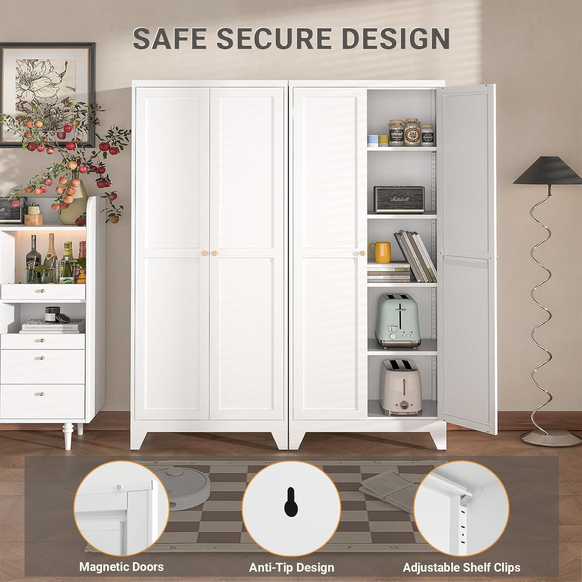 71" Metal Kitchen Pantry Cabinet with Dual Opening Design, Tall Storage Cabinet with Large Capacity, Freestanding Cupboard,Ideal for Small Space Organization, White
