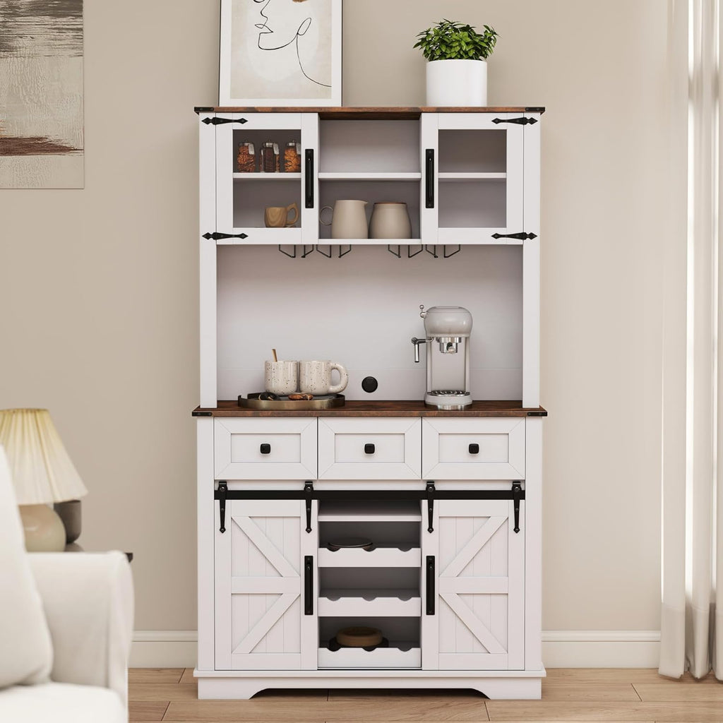 Coffee Bar Cabinet with Sliding Barn Doors 71'' Farmhouse Pantry Cabinet with Drawers & Wine Glass Rack Rustic Buffet Cabinet for Kitchen, White and Brown