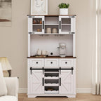 Coffee Bar Cabinet with Sliding Barn Doors 71'' Farmhouse Pantry Cabinet with Drawers & Wine Glass Rack Rustic Buffet Cabinet for Kitchen, White and Brown