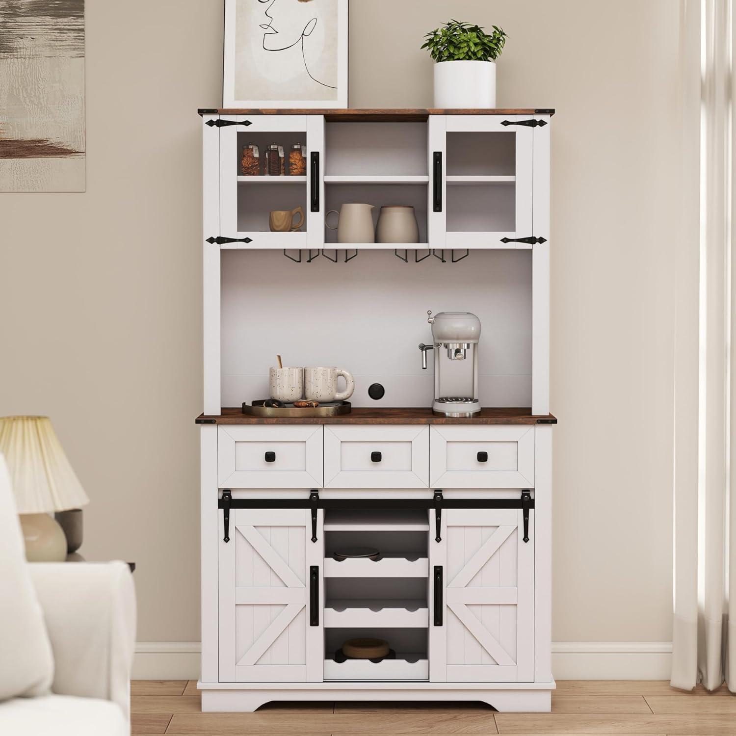 Coffee Bar Cabinet with Sliding Barn Doors 71'' Farmhouse Pantry Cabinet with Drawers & Wine Glass Rack Rustic Buffet Cabinet for Kitchen, White and Brown
