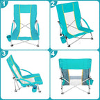 Romswi 2 Pack Lightweight Low Beach Chairs with Breathable Mesh Back,6LBS Folding Portable Sand Chairs with Cup Holder, Heavy Duty 300lbs Capacity for Camping & Outdoor Use,Green