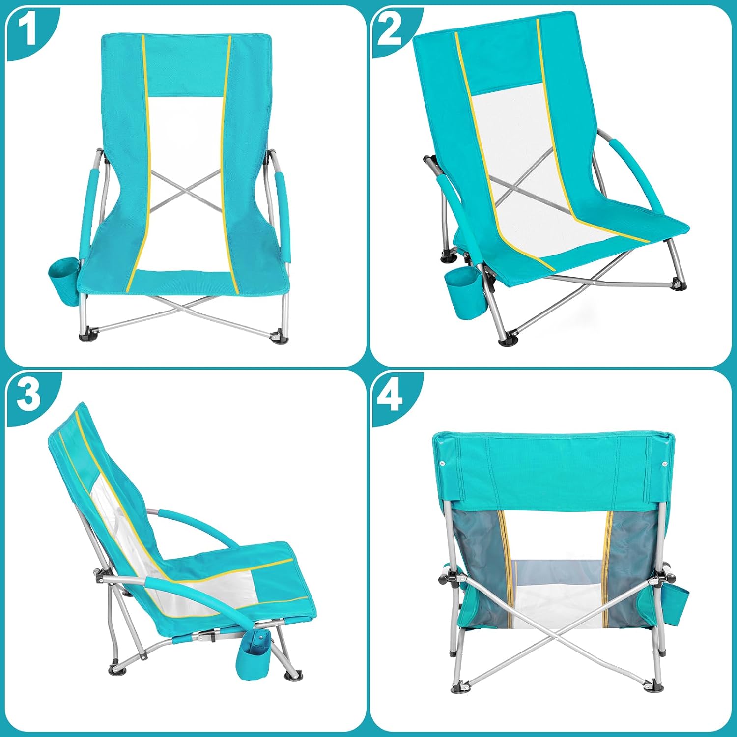 Romswi 2 Pack Lightweight Low Beach Chairs with Breathable Mesh Back,6LBS Folding Portable Sand Chairs with Cup Holder, Heavy Duty 300lbs Capacity for Camping & Outdoor Use,Green