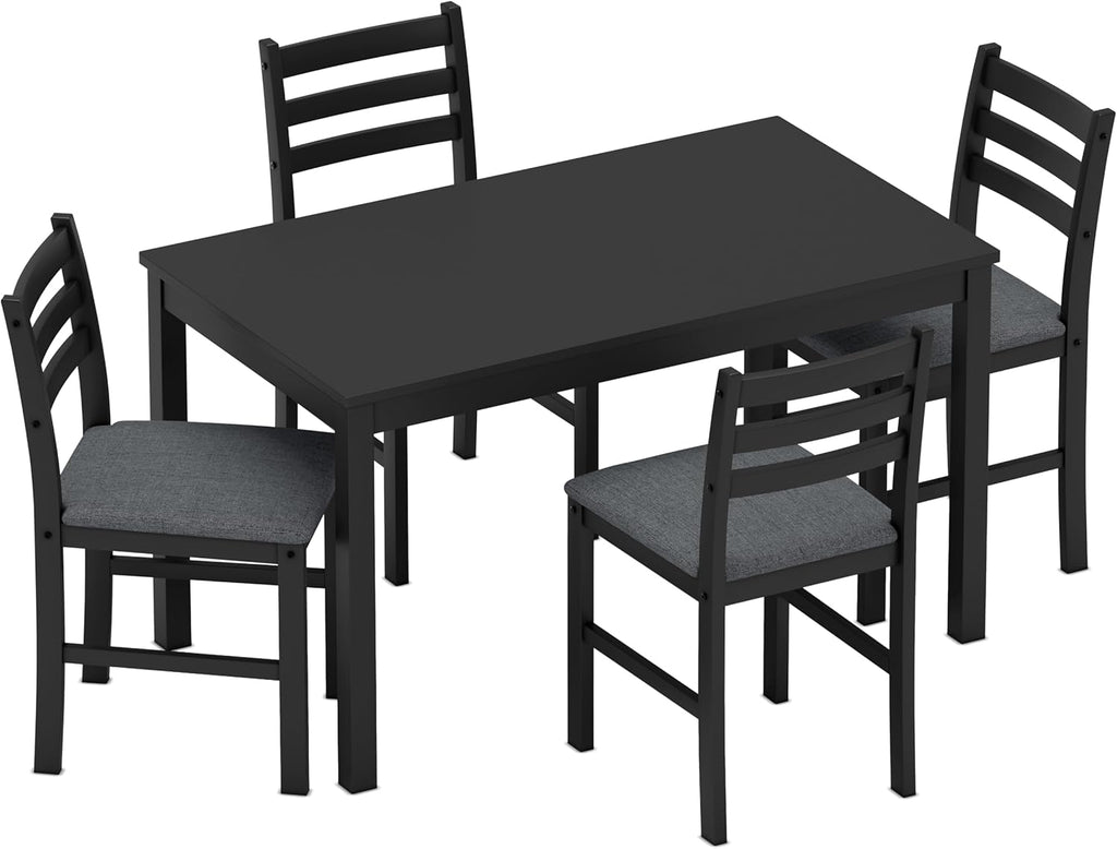 WiberWi Dining Table Set for 4, Solid Wood Kitchen Table and Chairs Set of 4, 43.3” Space-Saving Mid Century Modern Dining Room Table with Upholstered Chairs, Black