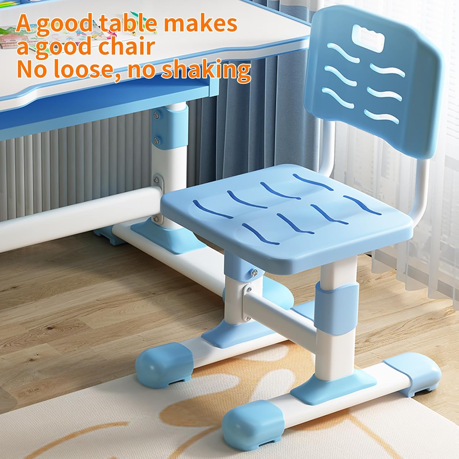 2Pcs Kids Desk and Chair Set,Height Adjustable Children's Writing Desk Set with 40-Degree Tilt-able Reading Stand LED Table Light,Bookstand,Drawer,Ergonomic Table Chair Set Blue