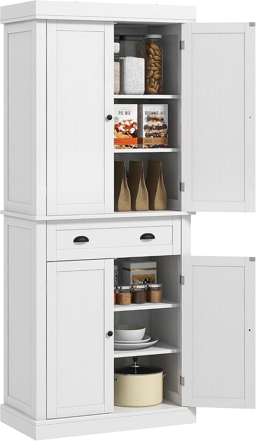 HOMCOM 72.5" Kitchen Pantry Cabinet Freestanding 4 Doors White Wood Grain | Traditional Storage Cabinet, Drawer, 3 Adjustable Shelves, for Dining Room