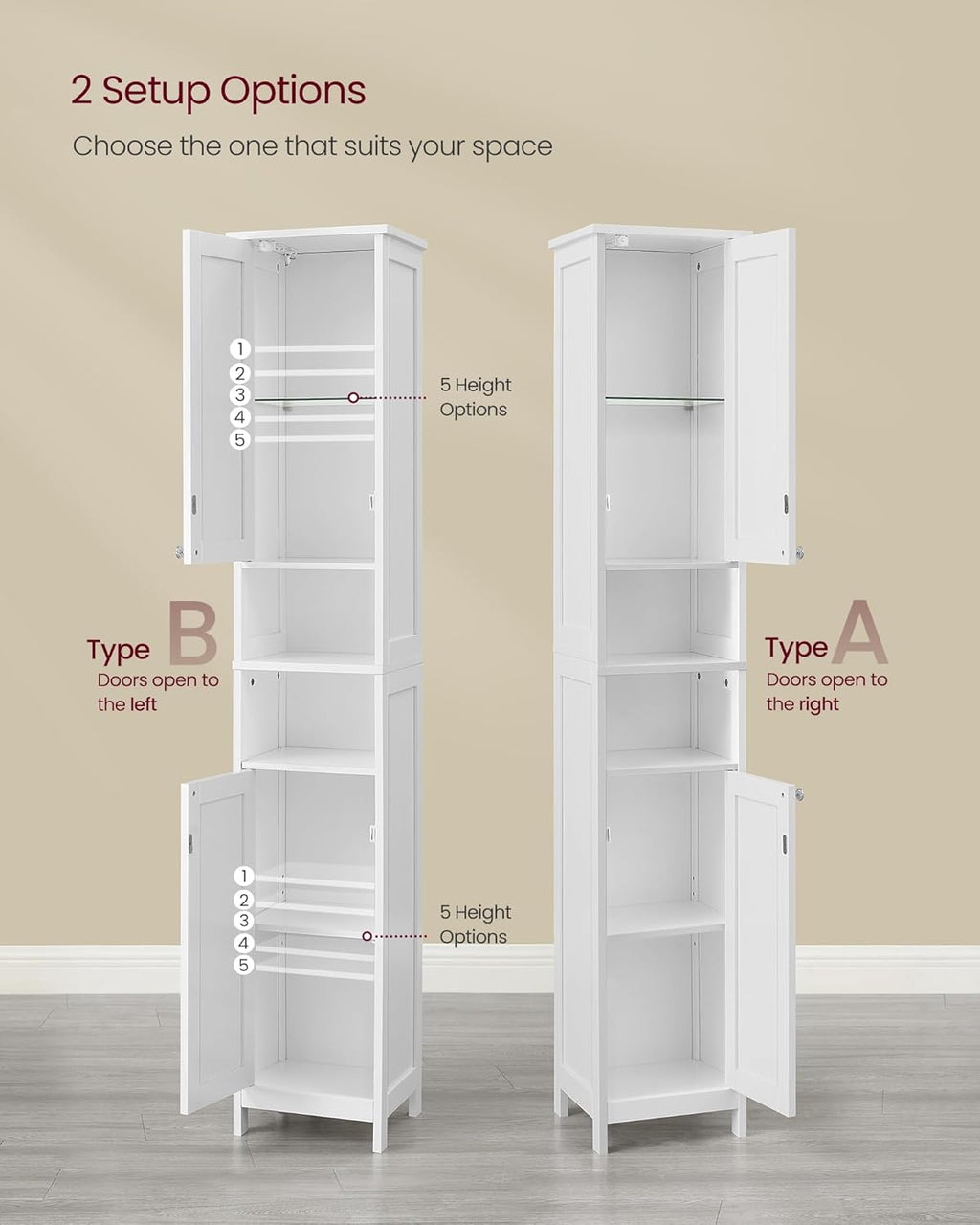 VASAGLE Tall Storage Cabinet with Lights, Slim Freestanding Cabinet with Adjustable Shelves, for Small Spaces, Bathroom, Living Room, Modern, 11.8 Inches Wide, Cloud White UBBC566W02V1