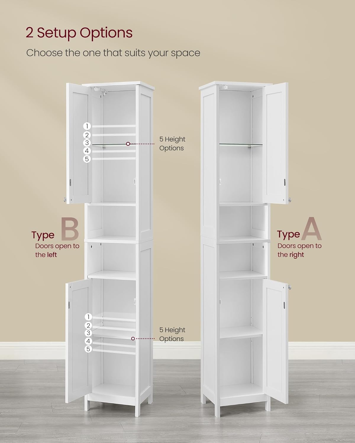 VASAGLE Tall Storage Cabinet with Lights, Slim Freestanding Cabinet with Adjustable Shelves, for Small Spaces, Bathroom, Living Room, Modern, 11.8 Inches Wide, Cloud White UBBC566W02V1
