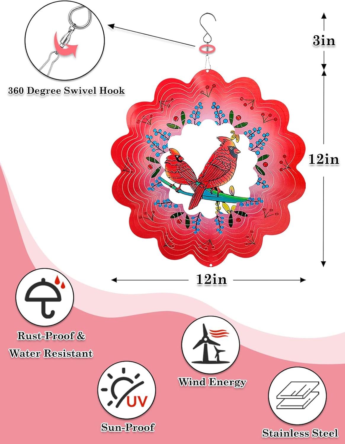 Cardinal Wind Spinners Outdoor Garden Decor for Outside - 12 Inch 3D Stainless Steel Metal Wind Spinners - Cardinal Gardening Gifts for Women, Yard Decorations Outdoor Hanging Decor