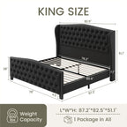 LARMACE King Size Bed Frame Velvet Upholstered Platform Bed with Wingback Headboard & Footbaord, Deep Button Tufted Bed Frame with Wood Slats Support, No Box Spring Needed, Black