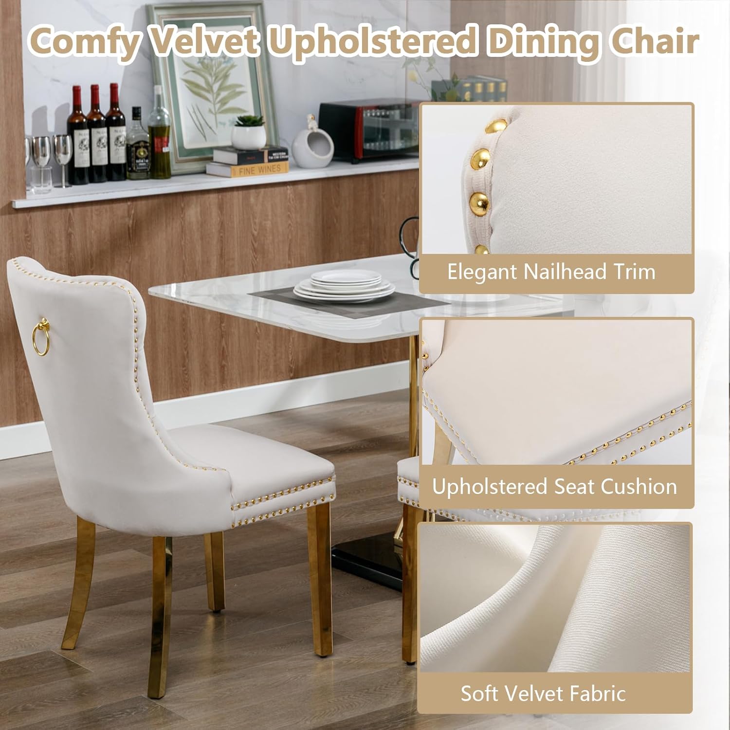 Henf 5 Piece Round Glass Dining Table Set for 4, Modern 47" Round Dining Table & Chair Set Circle Glass Kitchen Table and 4 Velvet Tufted Chairs for Kitchen Dining (Gold Table & Beige Chair)