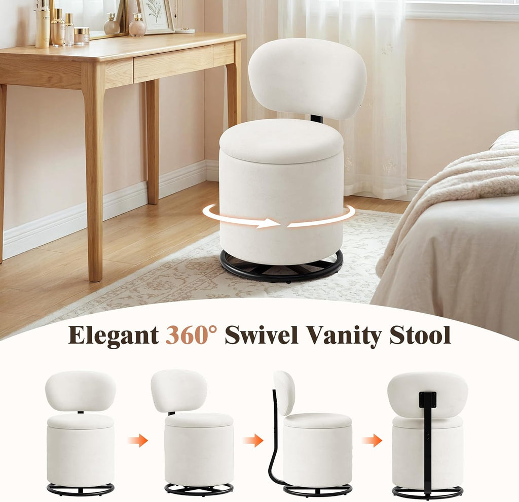 LIVELYGLOW Velvet Vanity Chair with Independent Backrest, 360° Swivel Makeup Stool with Storage, Modern Chair for Bedroom & Living Room, Easy to Assemble, White