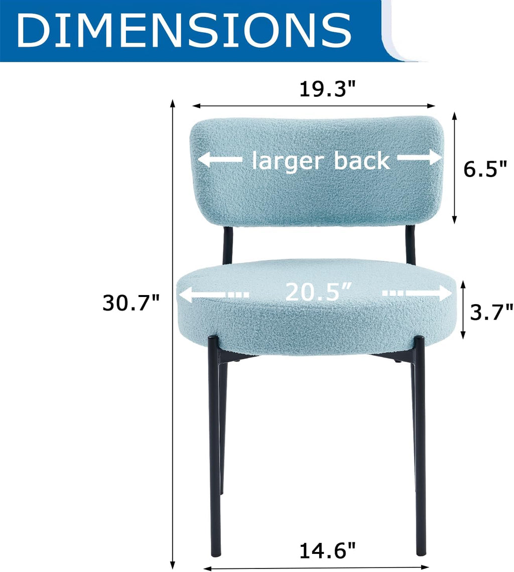 Boucle Dining Chairs Set of 2, Blue Mid Century Modern Kitchen Dining Room Chairs with Curved Backrest and Metal Frame, Round Upholstered Dining Chairs for Kitchen, Living Room