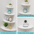 Corner Shelf, White Solid Oak Wood Floating Corner Shelves Wall Mount Round End Floating Speaker Rack Display Shelf for Small Plant Photo Frame (White, 7in)