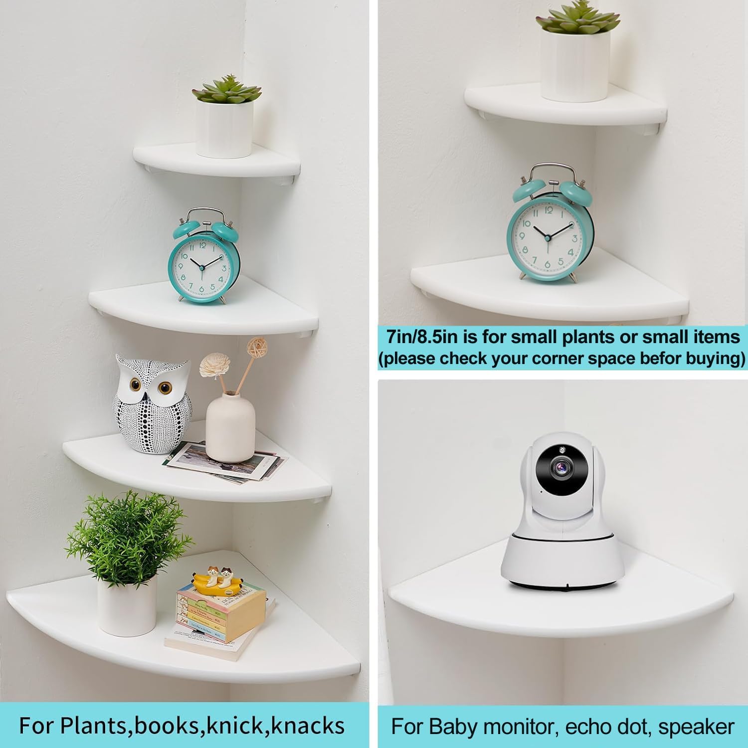 Corner Shelf, White Solid Oak Wood Floating Corner Shelves Wall Mount Round End Floating Speaker Rack Display Shelf for Small Plant Photo Frame (White, 7in)