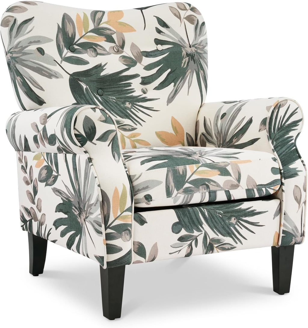 YOLENY Mid Century Wingback Arm Chair, Modern Upholstered Fabric High Back Accent Chair with Wood Legs, Upholstered Single Sofa Club Chair for Living Room, Bedroom, Home Office, Grey Green Leaves