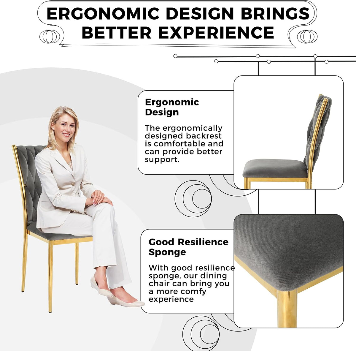 Velvet Dining Chairs Set of 4, Modern Woven Kitchen Chairs with Gold Metal Legs, Upholstered Cushion with High Back, Dirt Resistance, Easy to Install, for Living Room, Dining Room - Dark Grey