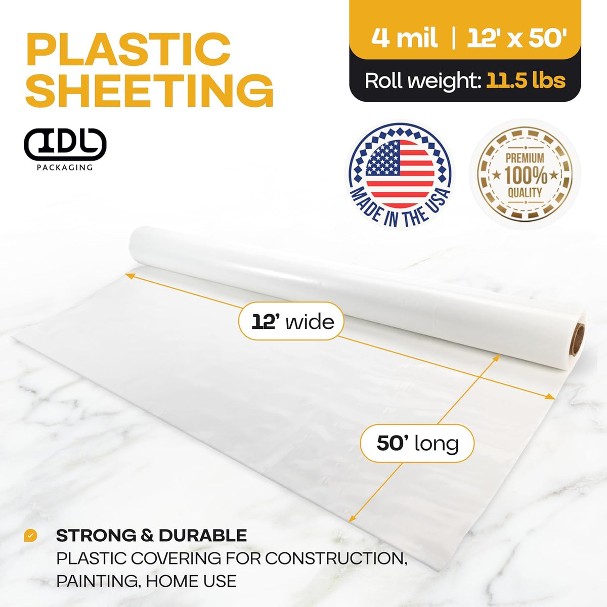 Plastic Sheeting 4 mil, 12' x 50' (600 sq. ft.) - Semi-Clear LDPE Film Roll - Plastic Covers for Furniture and Construction, Painting, Slide&Slip - Thick Heavy Plastic Sheeting by IDL Packaging
