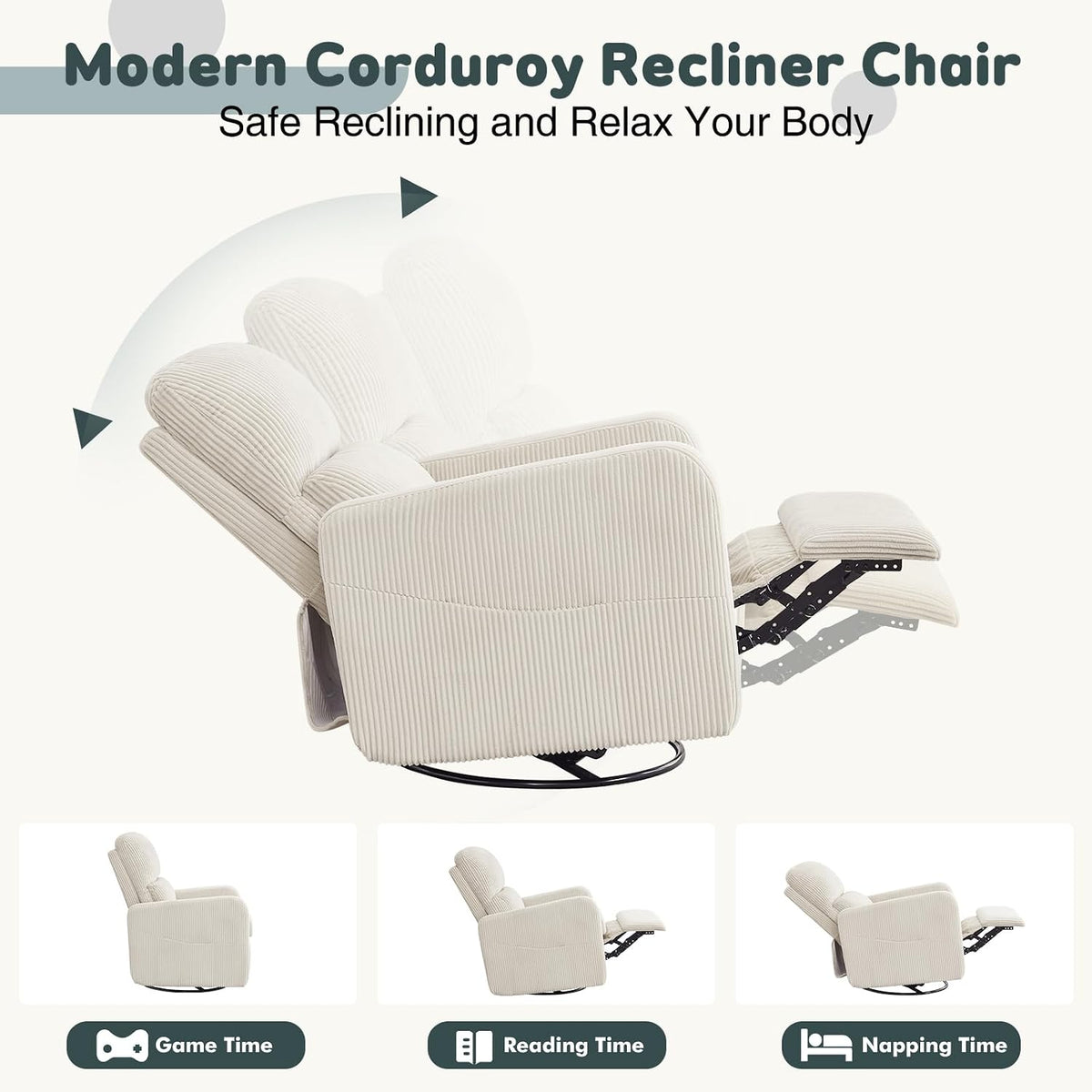 Swivel Rocker Recliner, Oversized Manual Nursery Glider Rocking Recliner Chair with Removable Cushion, Upholstered Corduroy Swivel Reclining Chair for Nursery Living Room Bedroom, Cream White
