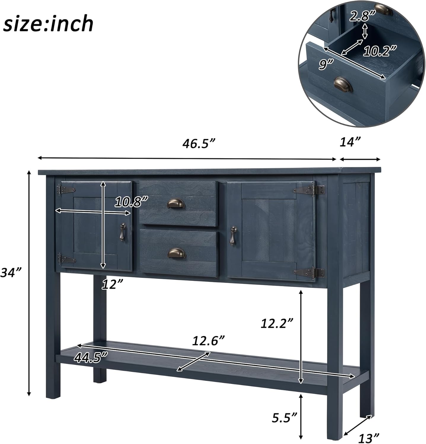 46'' Solid Wood Console Table Sideboard with 2 Drawers and Cabinets and Bottom Shelf, Retro Style Storage Dining Buffet Server Cabinet, for Living Room Kitchen Dining Room (Navy Blue-01)