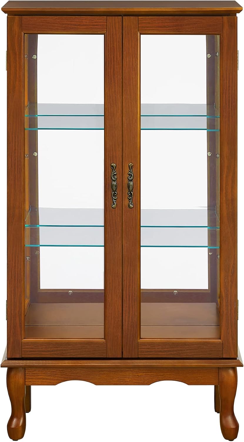 Lighted Curio Cabinet, Modern Floor Standing Glass Curio Cabinet Display Case Cabinet with Adjustable Shelves, Mirrored Back Panel and Tempered Glass Doors for Home/Office (Oak)