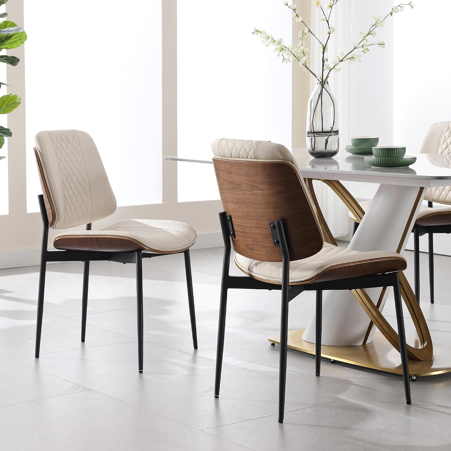 BV Dining Chairs Set of 4, Mid Century Modern PU Leather Metal Legs, Beige | Walnut Bentwood Backrest, Adjustable Foot Pads, Armless Side Chairs for Kitchen & Dining Room