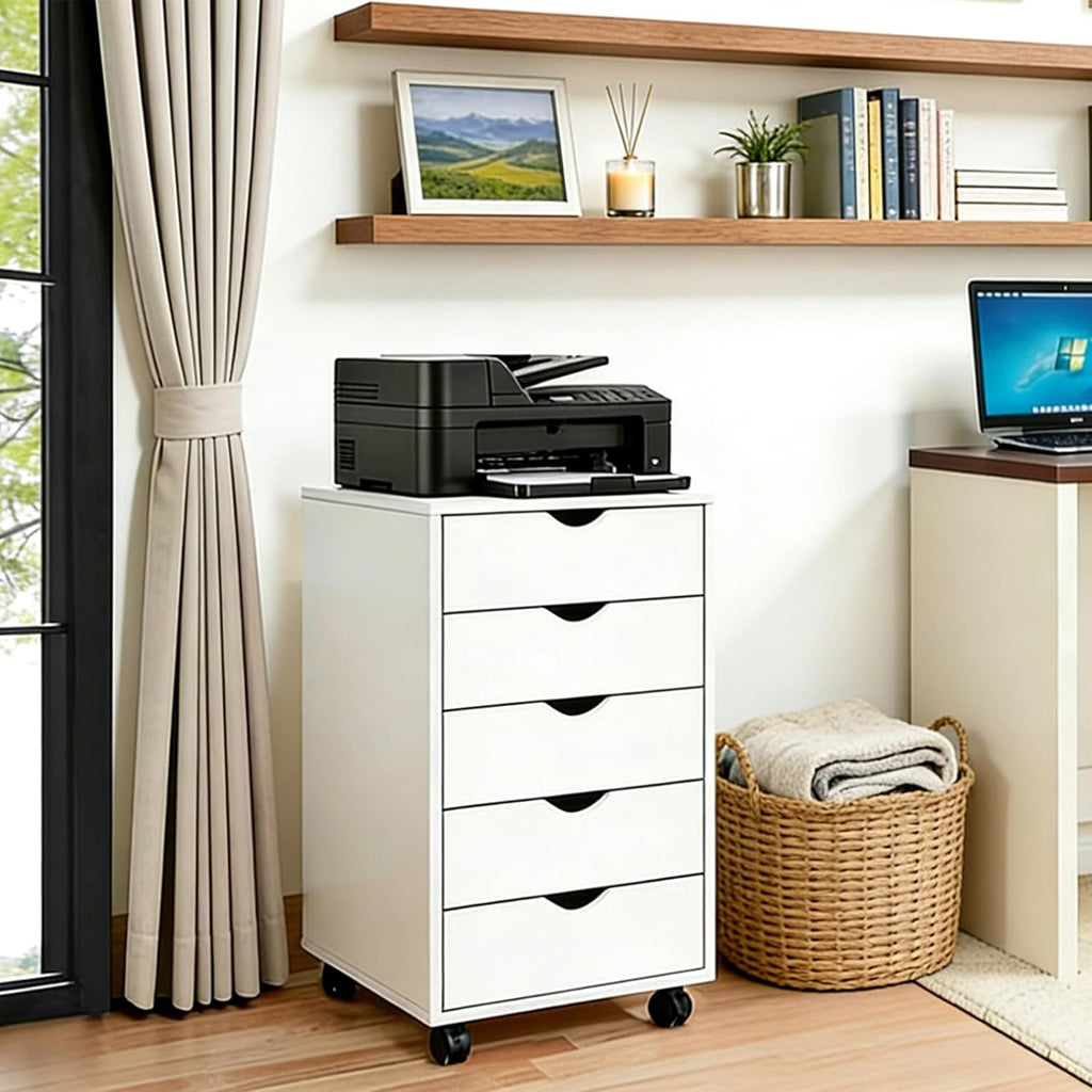 SweetGO 5 Drawer File Cabinet, Under Desk Storage with Drawers, Wood File cabinets for Home Office, Dorms (White)