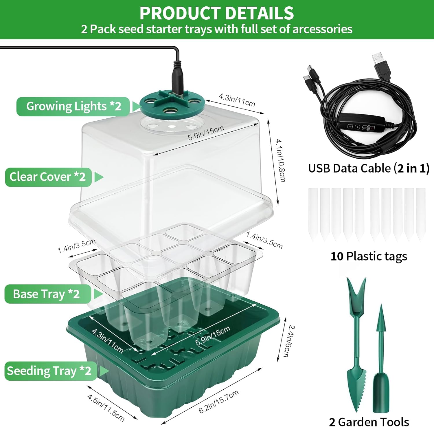 Seed Starter Tray with Plant Light, 4 Pack Grow Lights for Seed Starting Kit with Humidity Domes, Timing Controller Adjustable Brightness for Greenhouse Propagator Station Planting Growing