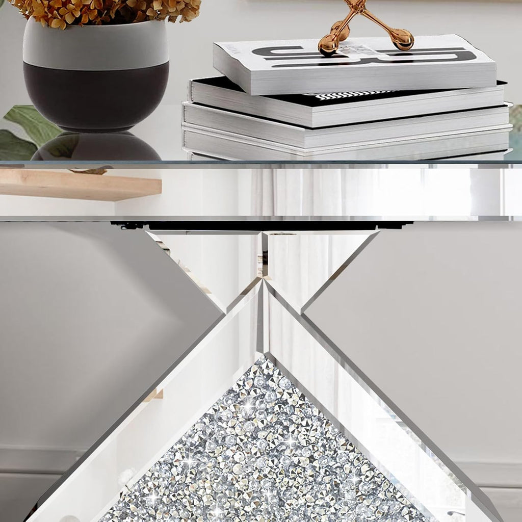 Crushed Diamond Mirrored End Table, Silver Side Accent Table, Small Mirrored Coffee Table for Living Room, Bedroom, 16"x16"x24"