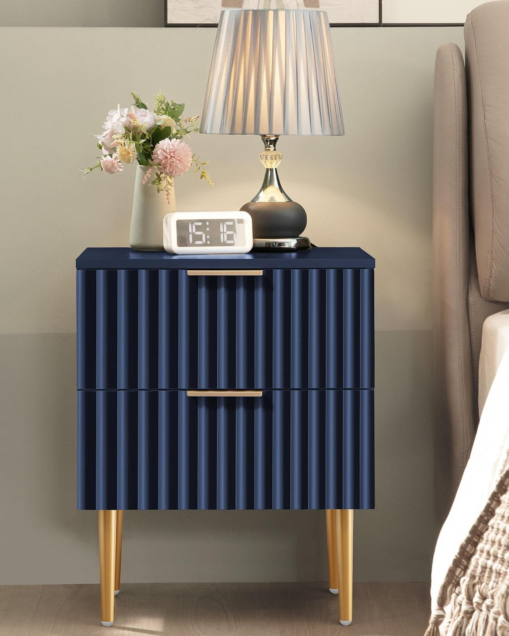 SICOTAS Night Stand Set 2, Fluted Glossy Nightstands Set of 2 with Drawers | Wide Modern Blue Storage Bedside Table for Bedroom, End Side Table with Golden Metal Legs and Handles, 2 Pieces