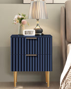 SICOTAS Night Stand Set 2, Fluted Glossy Nightstands Set of 2 with Drawers | Wide Modern Blue Storage Bedside Table for Bedroom, End Side Table with Golden Metal Legs and Handles, 2 Pieces