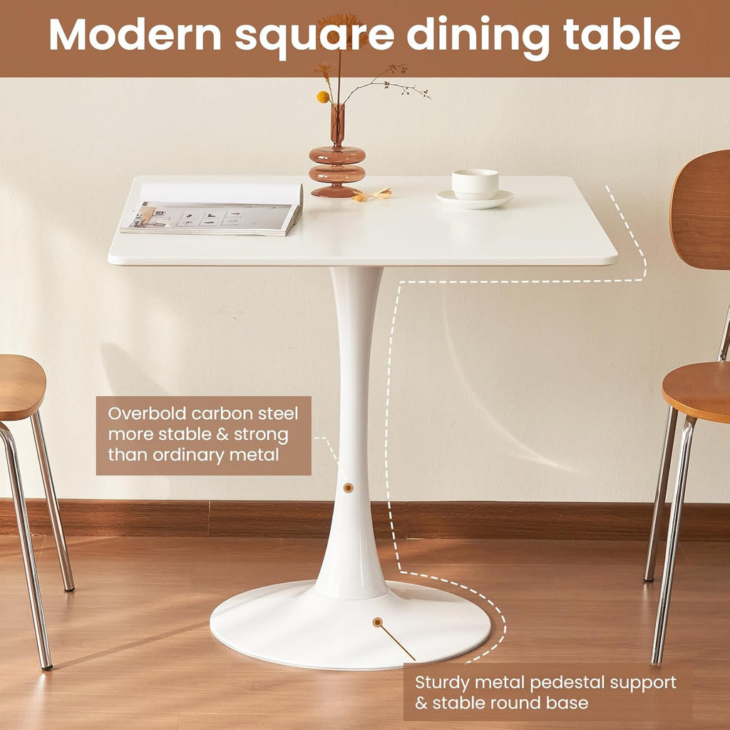 Square Dining Tulip Table for 4, Mid-Century Modern Table with Sturdy Metal Pedestal for Kitchen, Bistro, Cafe, Leisure (White, 31.5 INCH)