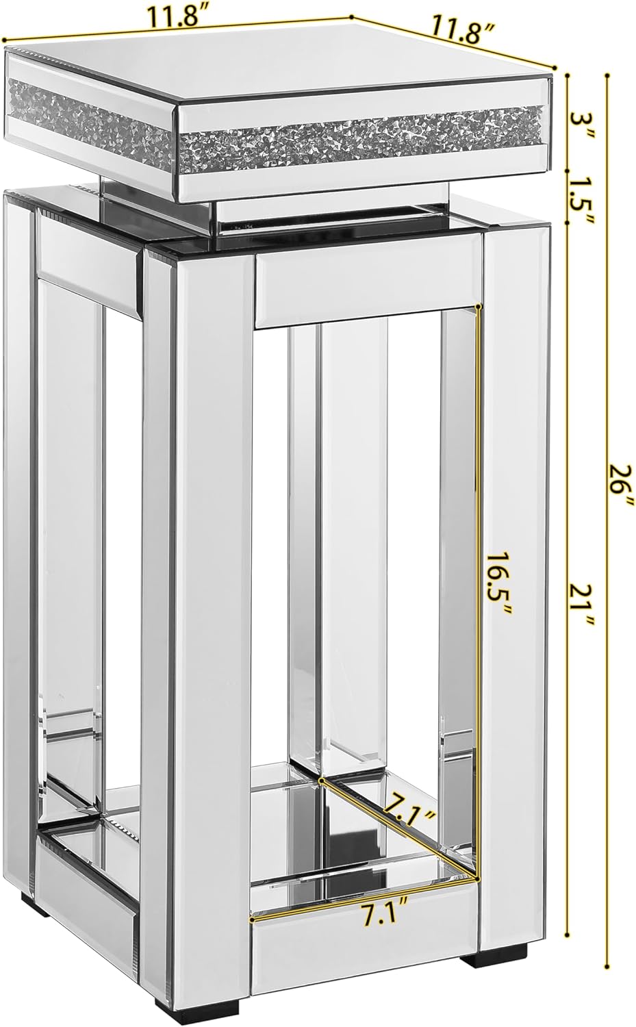 Mirrored End Table Modern 2 Layer 11.8inch Glass Sofa Side Table with Crystal Inlay Square Glass Top, for Living Room, Bedroom and Small Spaces, Silver (1, Square)