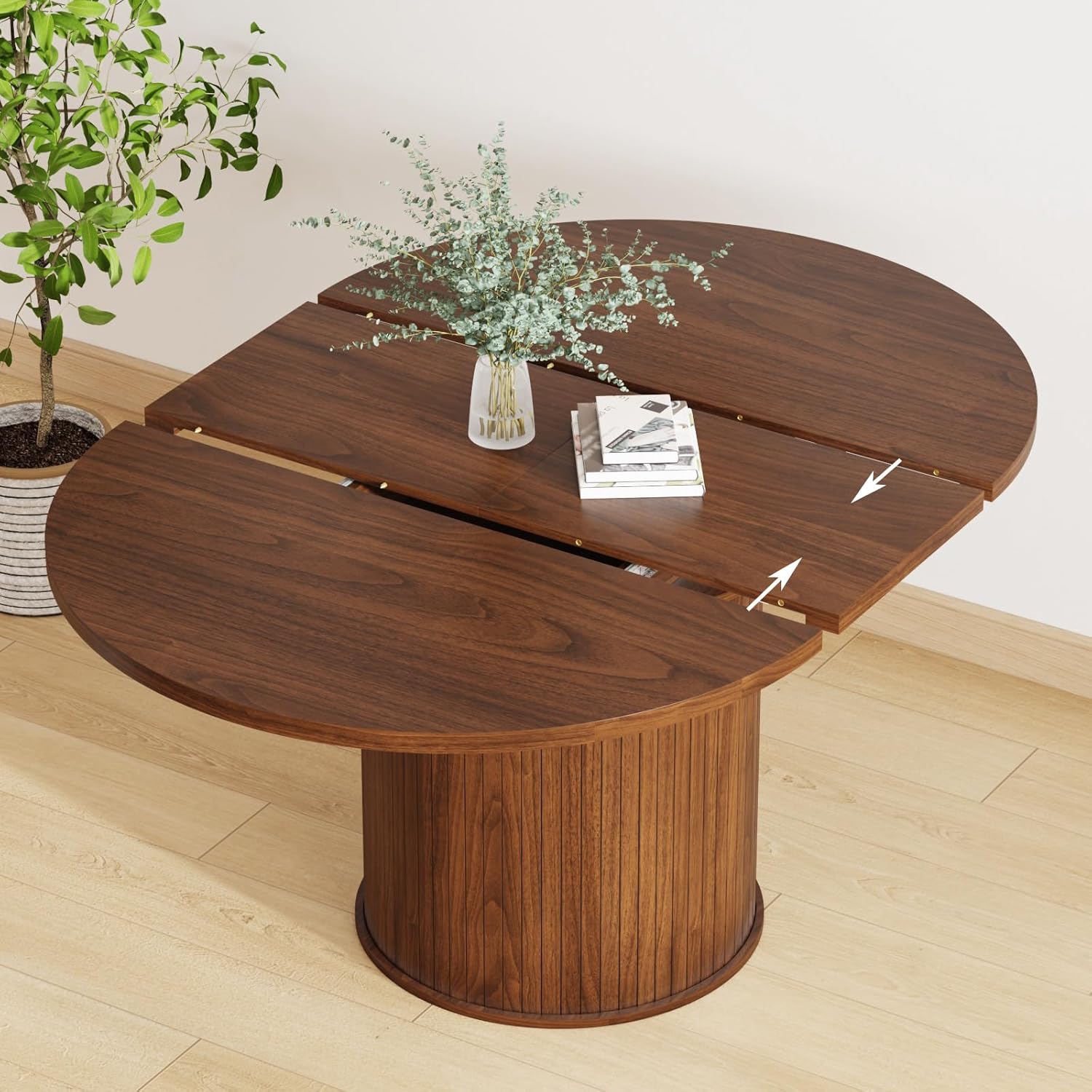 Expandable Dining Table,Round Wooden Kitchen Table,Double Layered Storage Space with Partitions,Equipped with Circular Sliding Doors, Suitable for Kitchen (Expandable Dining table-Walnut-02)