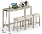 COSTWAY 4-Piece Breakfast Nook Bar Set with Built-in Charging Station | Counter Height Table with 3 Stools, Farmhouse Dining Room Table & Chairs with Wooden Frame & Cushioned Seat for Kitchen, Gray