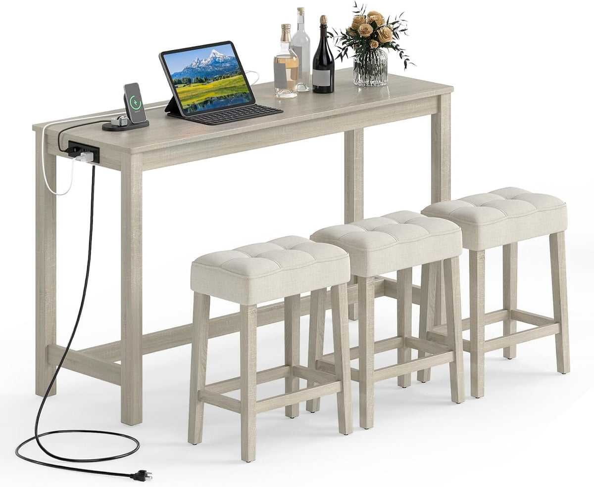 COSTWAY 4-Piece Breakfast Nook Bar Set with Built-in Charging Station | Counter Height Table with 3 Stools, Farmhouse Dining Room Table & Chairs with Wooden Frame & Cushioned Seat for Kitchen, Gray