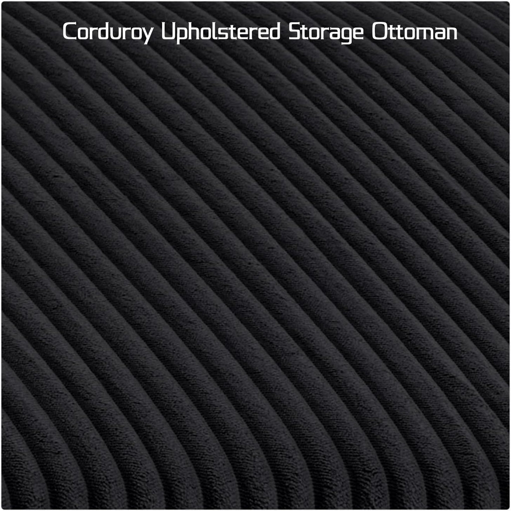 55" Corduroy Storage Ottoman Bench, Queen Bed, Black | End of Bed, Bedroom/Entryway/Closet, Window Seat, Lift-Top Storage, Tufted Button, Solid Wood Legs, for Queen & King