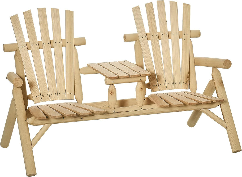 Adirondack Loveseat Chair, 2-Seat Wooden Patio Bench with Built-in Table, Outdoor Fire Pit Chair for Porch, Backyard, Deck, Garden Seating, Natural