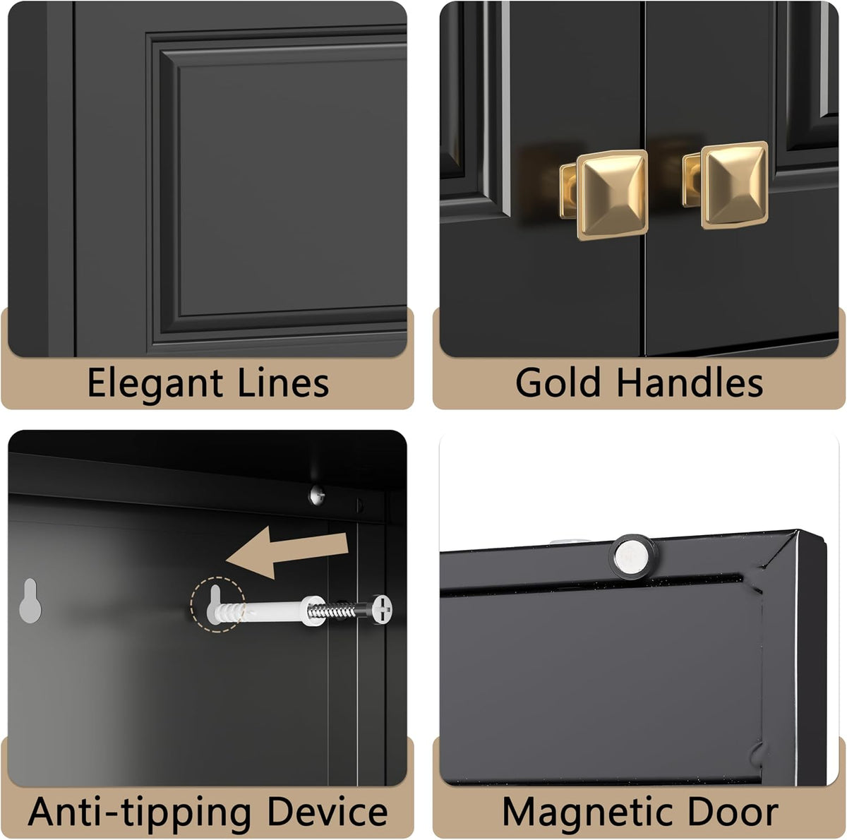 32" Wall Storage Cabinet with 2 Doors & Gold Handle | Black Metal, Hanging Design, for Bathroom, Kitchen, Rust-Resistant, Anti-Tip, Easy Assembly, Hardware Included