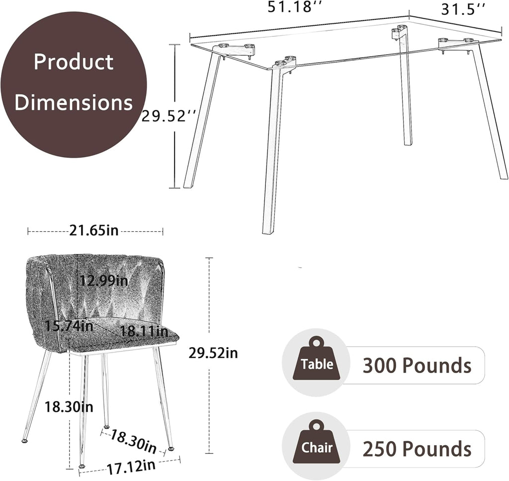 Modern Gold Glass Dining Table Set for 6, 51'' Clear Minimalist Glass Top Rectangular Dinner Table Set, 7 PCS Small Luxury Kitchen Table Set, Black Woven Chair for Home Living Room Apartment