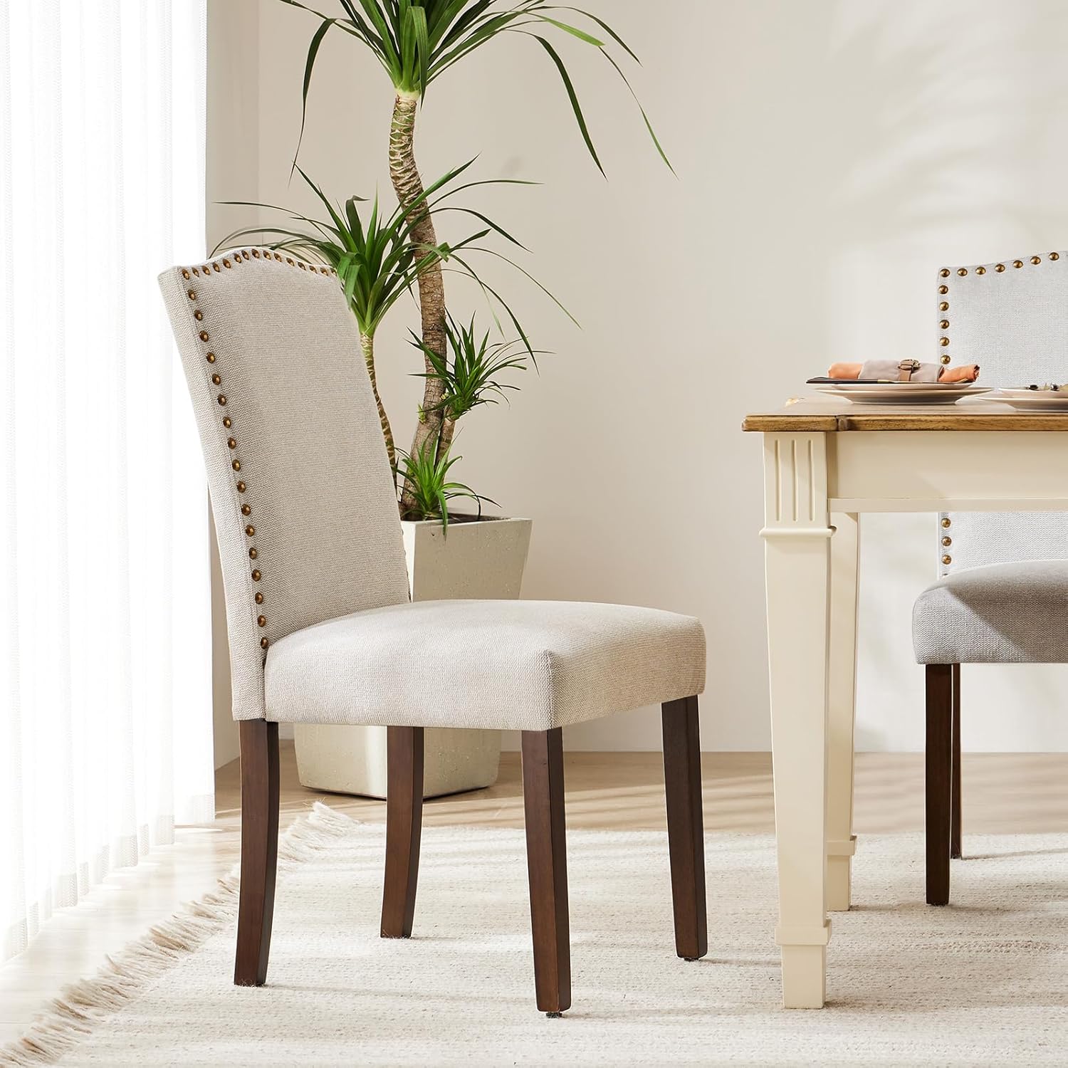 DUMOS Dining Chairs Set of 6, Farmhouse Fabric Upholstered Kitchen Chairs with Wooden Legs and Padded Seat, Modern Accent Chairs for Dining Room, Kitchen, Living Room, Restaurant, Beige