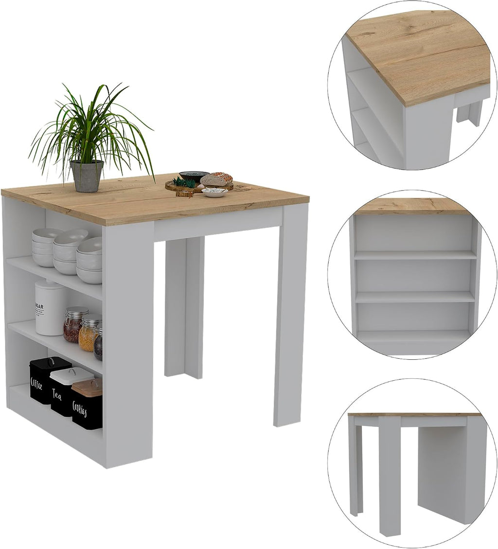 Kitchen Island with Three Drawers and Concealed Storage | Three open shelves for storage or decor display