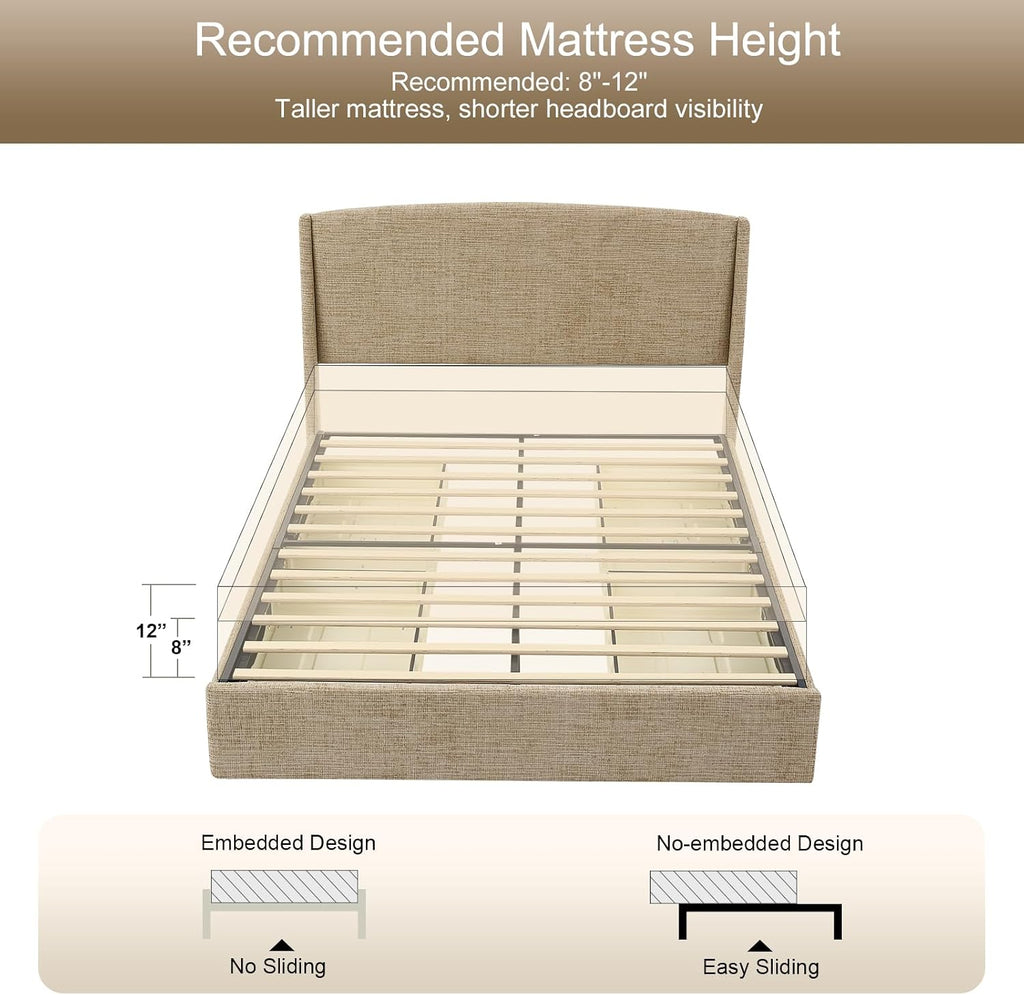 VELOCAVA Queen Storage Bed Frame with Curved Wingback Headboard, Linen-Look Upholstered Platform Bed Frame with 4 Pull-Out Drawers, Wood Slat Support, No Box Spring Needed, Beige