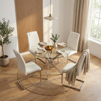 Round Glass Dining Table Set for 4, Modern Kitchen Table Chairs Set of 4, 35" Circle Glass Dinner Table with Silver Metal Legs, 4 White Pu Leather Chairs, 5 Piece Dining Set for Small Space Apartment
